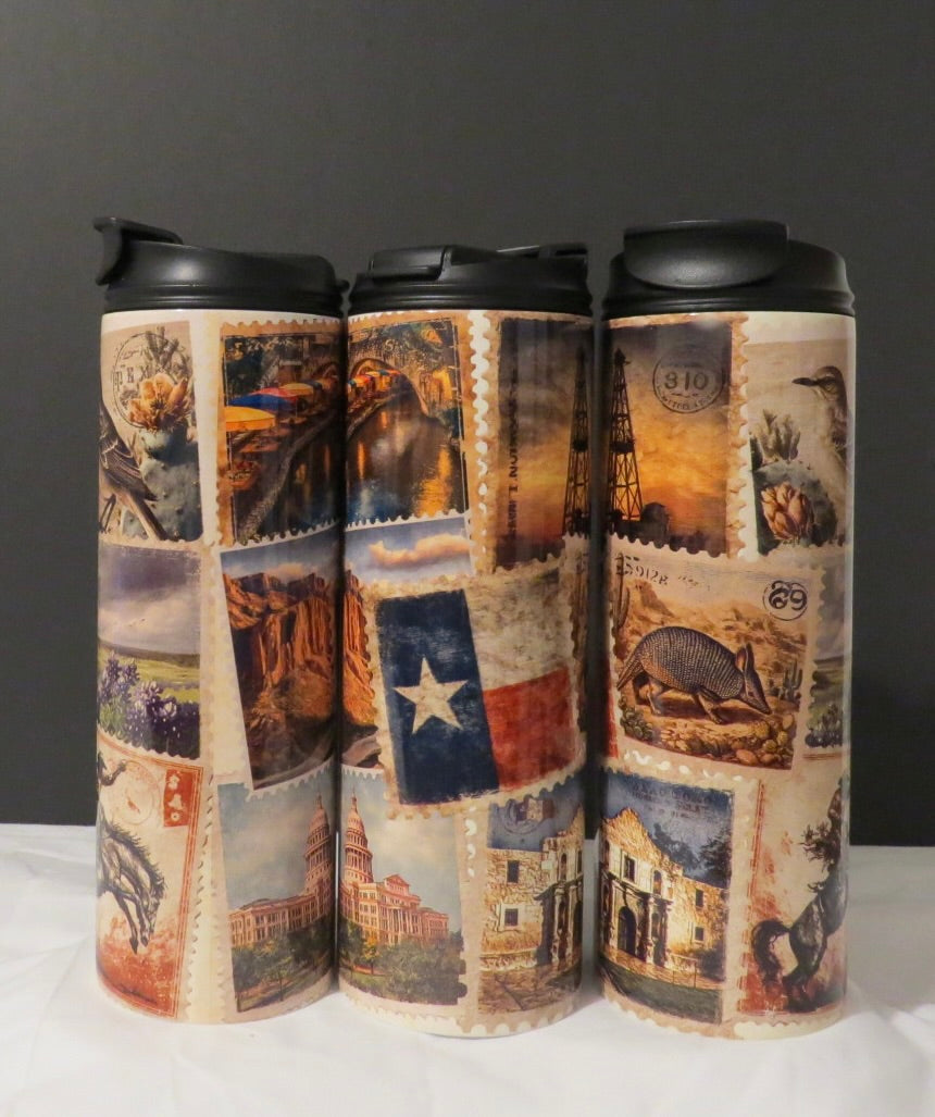 Texas Vintage Stamps Skinny 20 oz Water Bottle