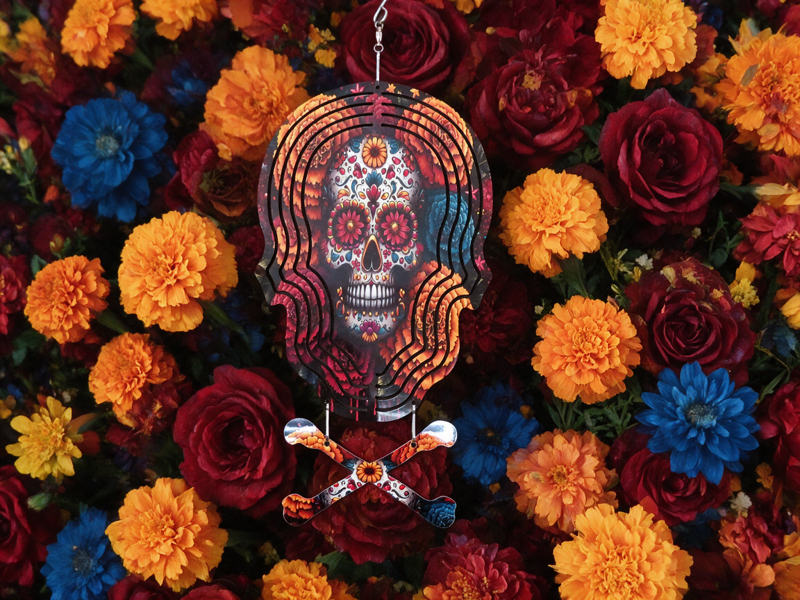Sugar Skull with Flower Eyes 8" Wind Spinner