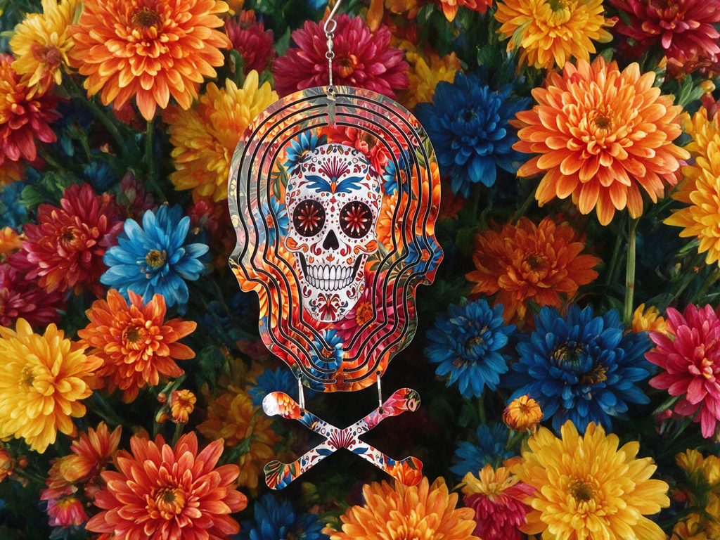 Bright Sugar Skull With Flowers 8" Wind Spinner