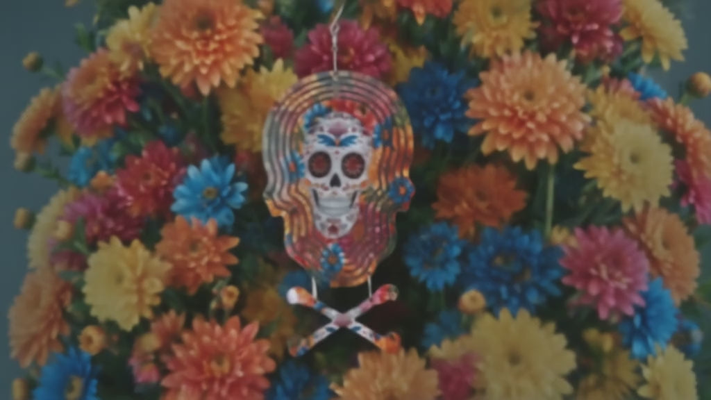 Bright Sugar Skull With Flowers 8" Wind Spinner
