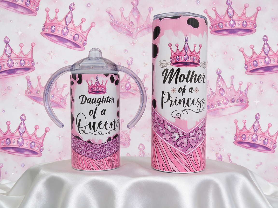 Queen and Princess Mama and Mini Skinny 20 oz/12 oz Tumbler and Sippy Cup
