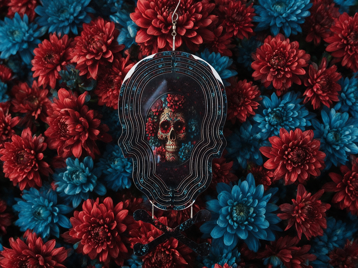 Sugar Skull With Flowers 8" Wind Spinner